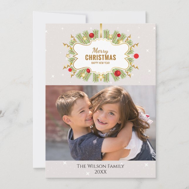 Christmas Pine & Ornaments Photo Card (Front)