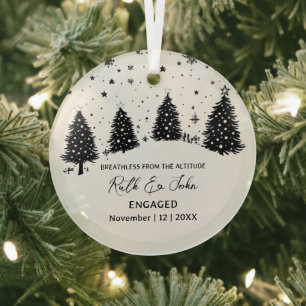 Christmas Pine Tree Bear Skiing Couple Engagement Glass Ornament