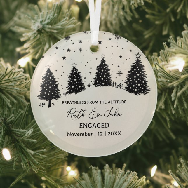 Christmas Pine Tree Bear Skiing Couple Engagement Glass Ornament (Insitu)