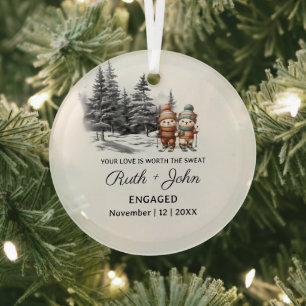Christmas Pine Tree Bear Skiing Couple Engagement Glass Ornament