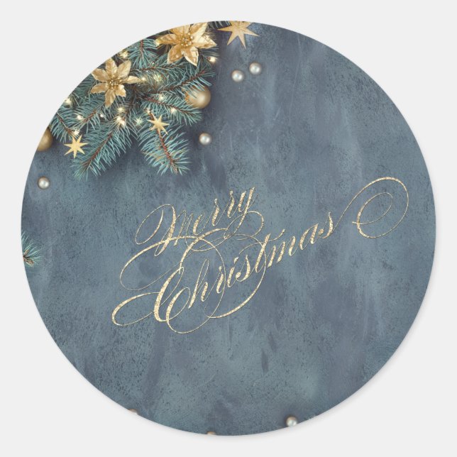 Christmas Pine Tree Branches, Merry Christmas Classic Round Sticker (Front)