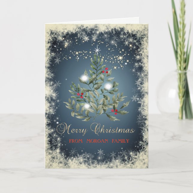 Christmas Pine Tree Branches Snowflakes  Holiday Card (Front)