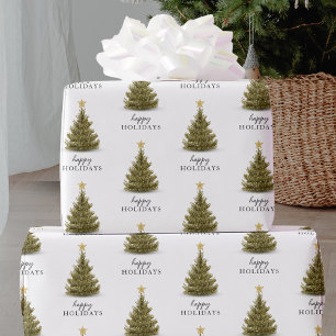 Christmas Pine Tree Happy Holidays Typography Wrapping Paper