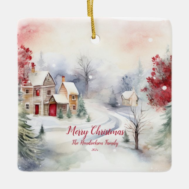 Christmas Pine Tree Landscape Ceramic Ornament (Front)