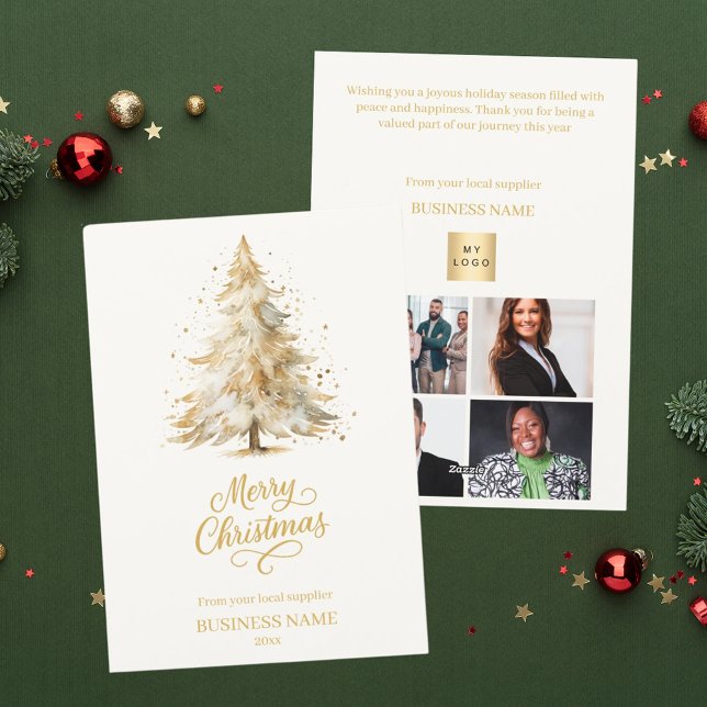 Christmas pine tree snow beige photo business holiday card (Creator Uploaded)