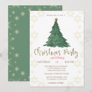 Christmas Pine Tree,Snowflakes Green Company Invitation