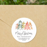Christmas Pine Tree Watercolor Return Address Classic Round Sticker<br><div class="desc">Simple and elegant return address stickers for your holiday correspondence featuring a watercolor abstract of pine trees in muted sage green,  red,  gold and orange and "Merry Christmas" in a stylish script.</div>