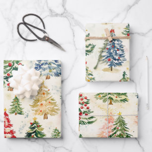 Christmas Pine Trees Colourful Wrapping Paper Shee