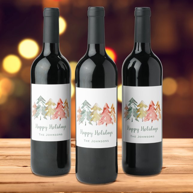 Christmas Pine Trees Watercolor Personalized Wine Label (Creator Uploaded)