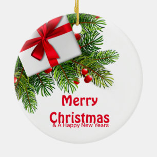 Christmas Pine Trees with White Present Red Bow  Ceramic Ornament