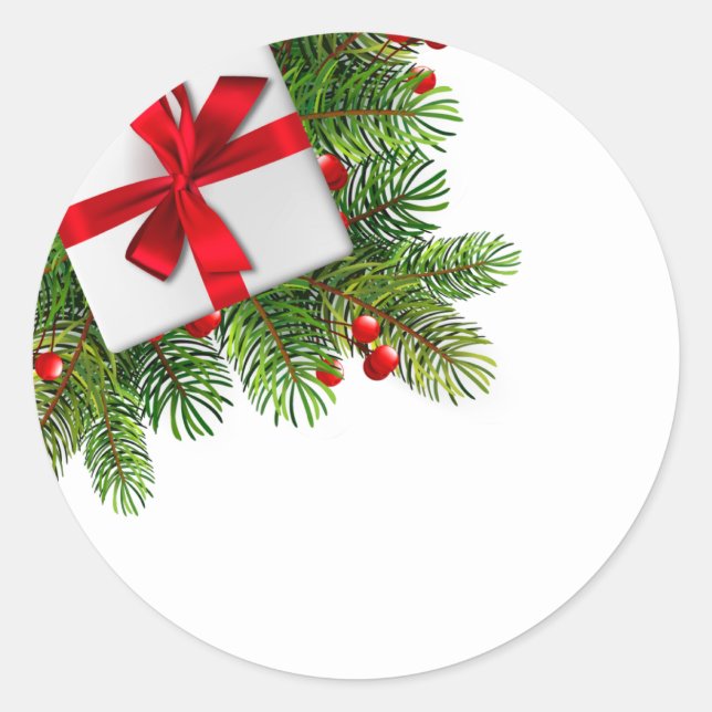 Christmas Pine Trees with White Present Red   Classic Round Sticker (Front)