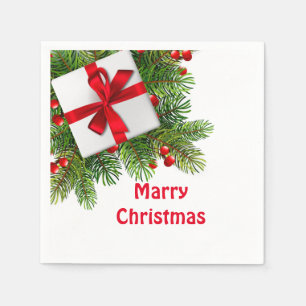 Christmas Pine Trees with White Present Red Paper Napkin