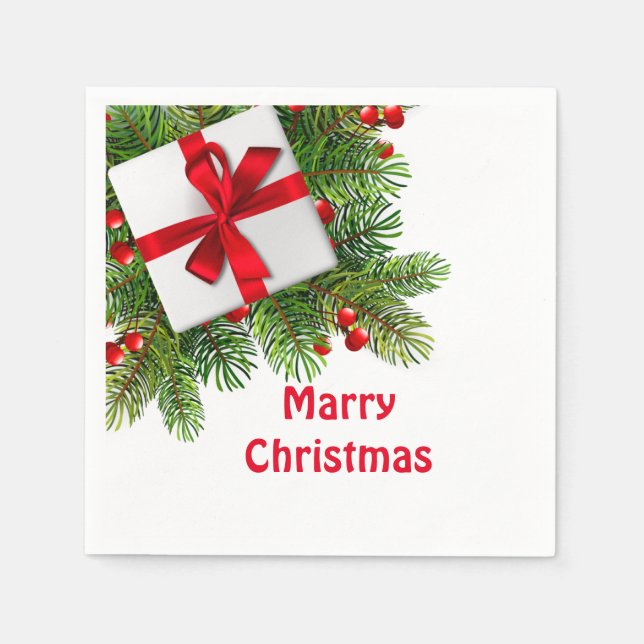 Christmas Pine Trees with White Present Red  Paper Napkin (Front)