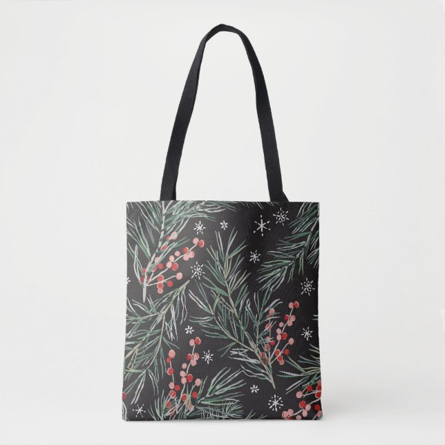 Christmas Pine Twigs Black Background Tote Bag (Front)