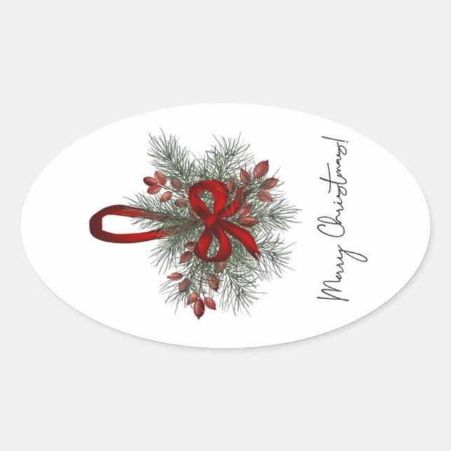 Christmas Pine with Red Bow  Oval Sticker (Front)