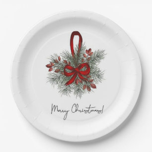 Christmas Pine with Red Bow Paper Plate
