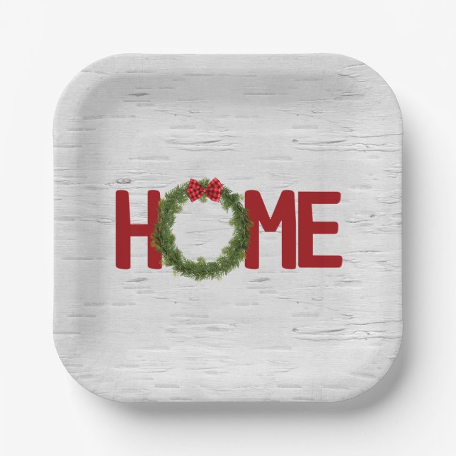Christmas Pine Wreath and Home Text On Birch Paper Plate (Front)