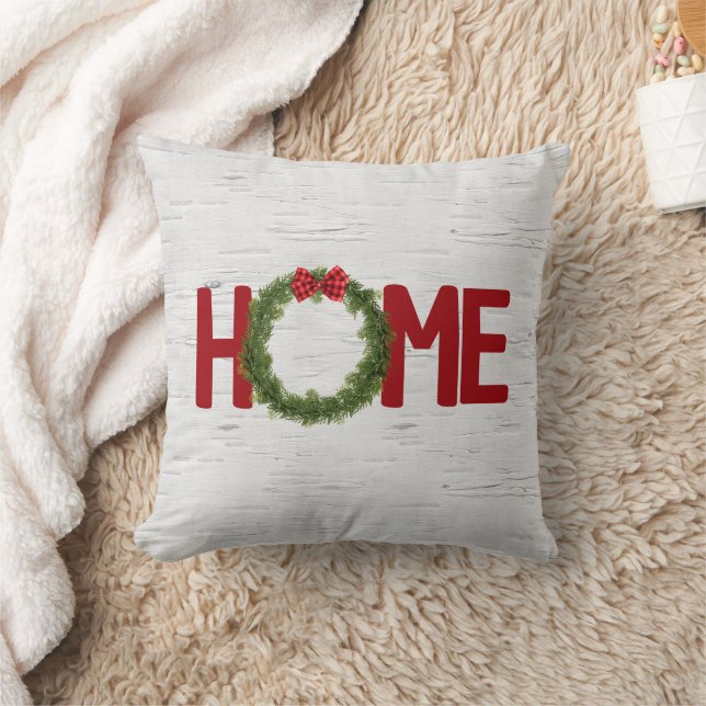 Christmas Pine Wreath and Home Text On Birch Throw Pillow (Blanket)