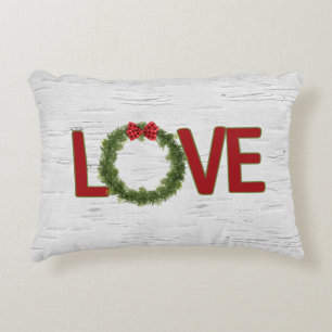 Christmas Pine Wreath and LOVE Text On Birch Accent Pillow