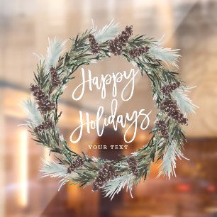 Christmas Pine Wreath Happy Holidays Window Cling