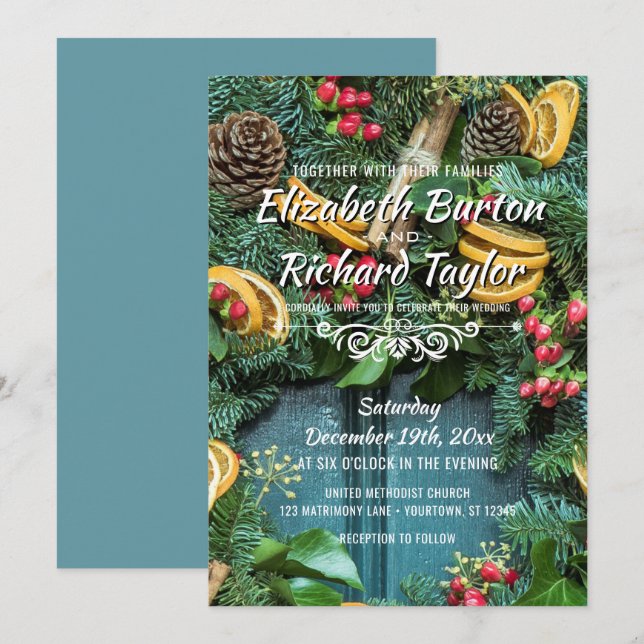 Christmas Pine Wreath Holiday Winter Wedding Invitation (Front/Back)