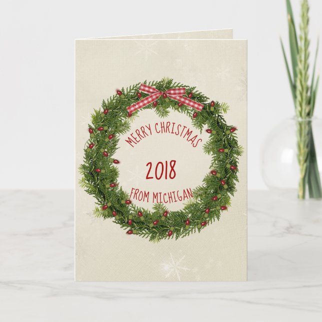 Christmas pine wreath with red lights card (Front)