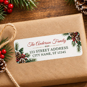 Christmas Pinecones Holly Berries Return Address  