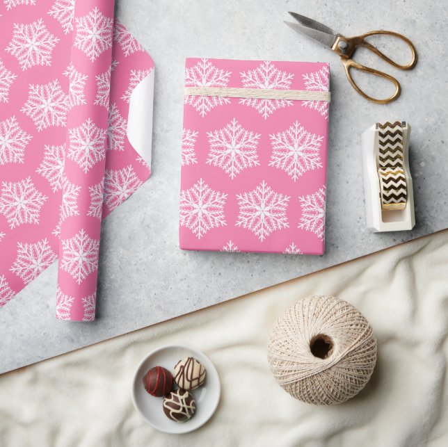 Christmas Pink and White Snowflakes Pattern Wrapping Paper (Crafts)