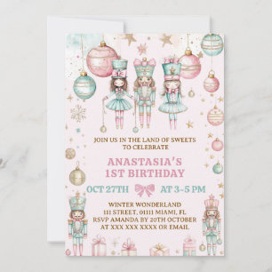 Christmas Pink Ballerinas 1ST Birthday  Invitation