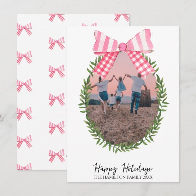 Christmas Pink Bow Coquette Wreath Photo Holiday Card (Front/Back)