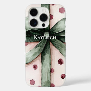 Christmas Pink Dots Green Ribbon & Bow   iPhone 16 Pro Case
