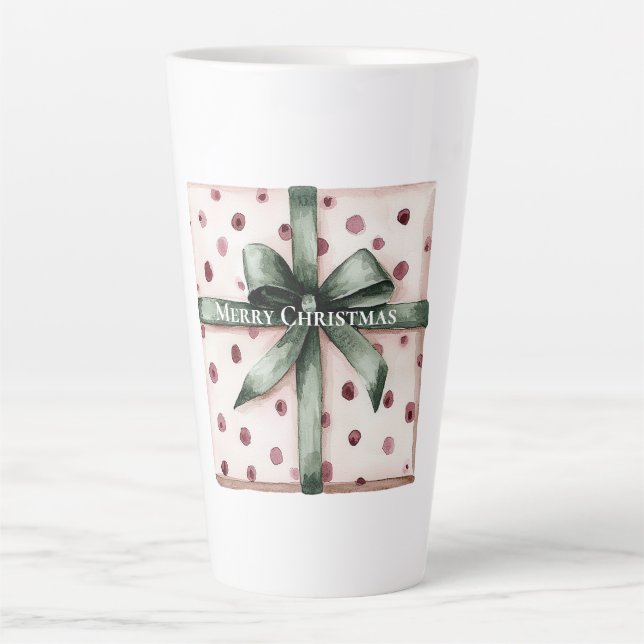 Christmas Pink Dots Green Ribbon & Bow   Latte Mug (Front)