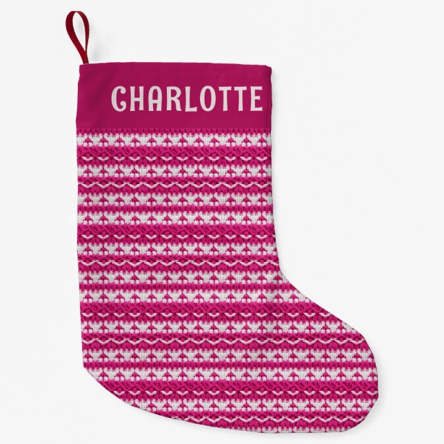 Christmas Pink Faux Knit Pattern Personalized Name Small Christmas Stocking (Front)