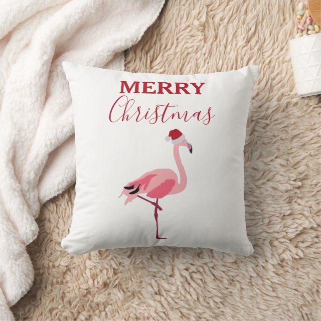 Christmas Pink Flamingo Bird with Santa Hat Throw Pillow (Blanket)