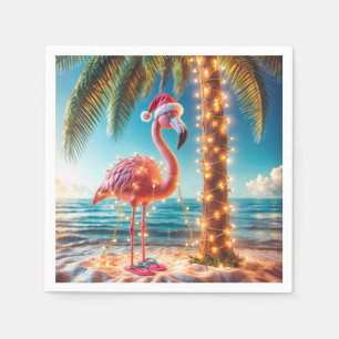 Christmas Pink Flamingo In Tangled Lights Napkin