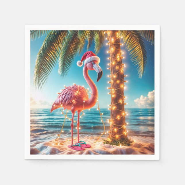 Christmas Pink Flamingo In Tangled Lights Napkin (Front)
