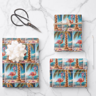 Christmas Pink Flamingo In Tangled Lights Wrapping Paper Sheet