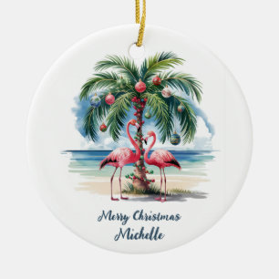 Christmas Pink Flamingo Palm Trees Personalized    Ceramic Ornament