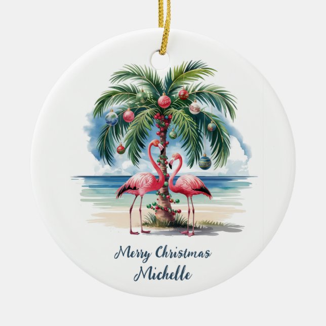 Christmas Pink Flamingo Palm Trees Personalized    Ceramic Ornament (Front)