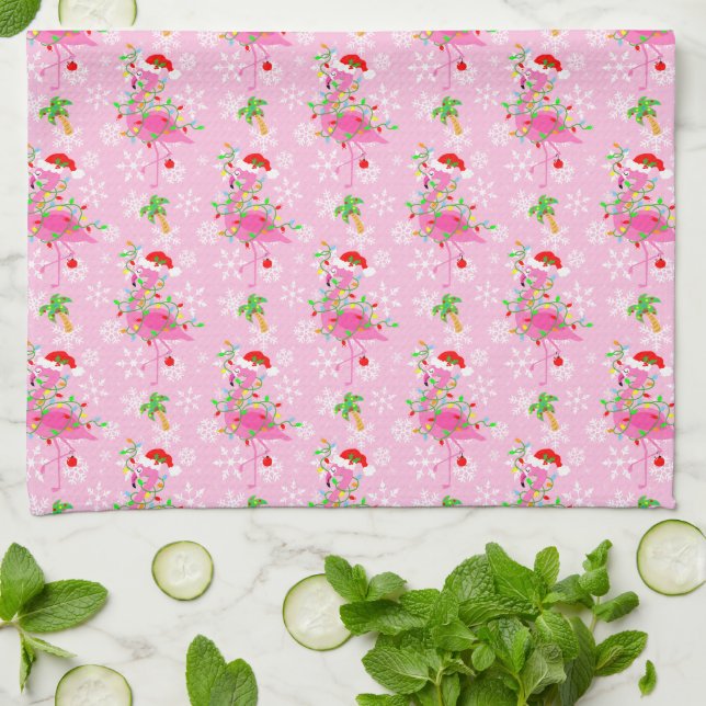 Christmas Pink Flamingo Pattern Kitchen Towel (Folded)
