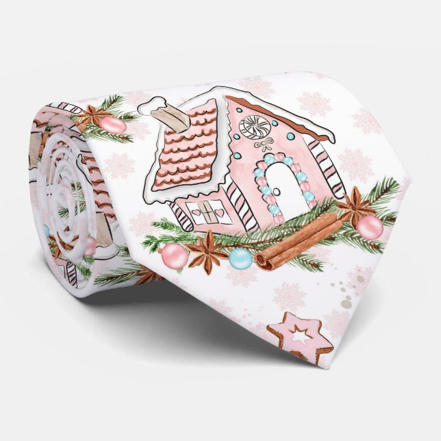 Christmas Pink Gingerbread House Tie (Rolled)