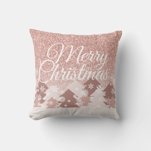 Christmas Pink Glitter Blush Pink Trees Family Thr Throw Pillow (Front)