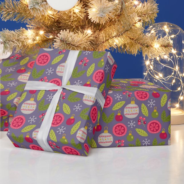 Christmas Pink Green Bauble Pattern Wrapping Paper (Holidays)