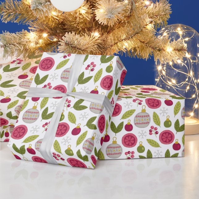 Christmas Pink Green Bauble Pattern Wrapping Paper (Holidays)