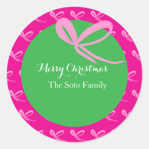 Christmas Pink Green Bright Bows Hand Drawn Classic Round Sticker