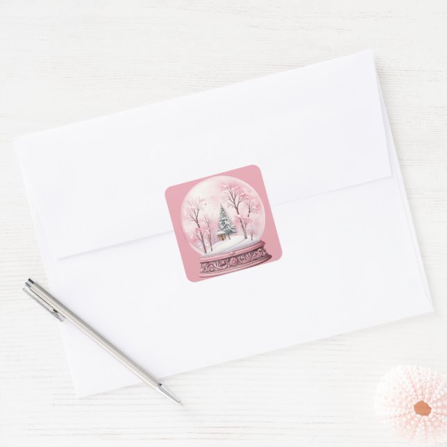 Christmas Pink Landscape In A Snowglobe Square Sticker (Envelope)