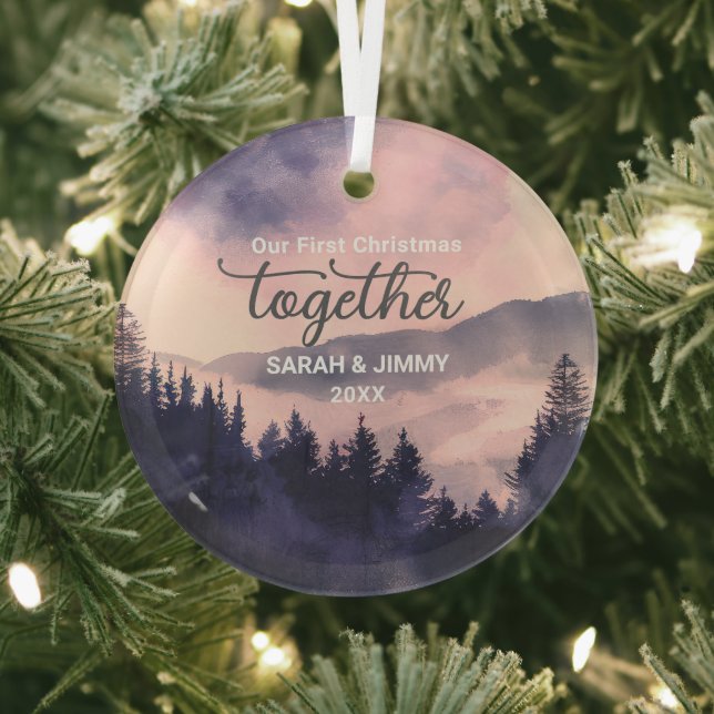 Christmas Pink Mountain Adventure Outdoor Couple Glass Ornament (Insitu)