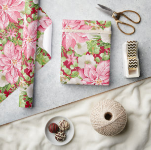Christmas Pink Poinsettia Floral Holiday Wrapping Paper