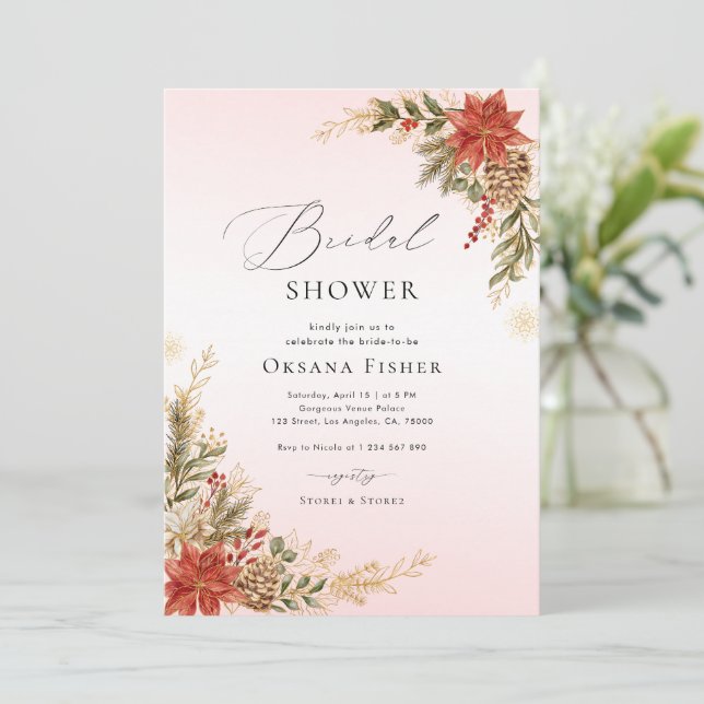 Christmas Pink Red & Gold Winter Bridal Shower Invitation (Standing Front)