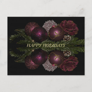 Christmas Pink Red Ornaments Green Leaves Black Postcard